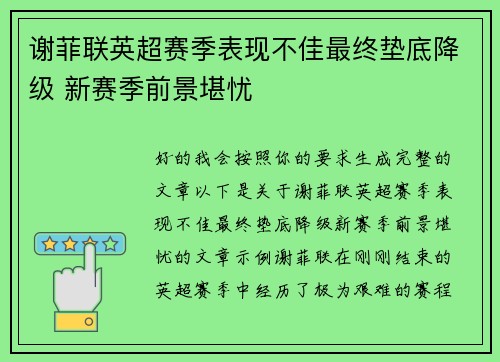 谢菲联英超赛季表现不佳最终垫底降级 新赛季前景堪忧 谢菲联英超赛季表现不佳最终垫底降级 新赛季前景堪忧
